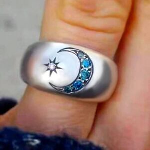 Blue zircon ring carved with sun and moon for women silver color